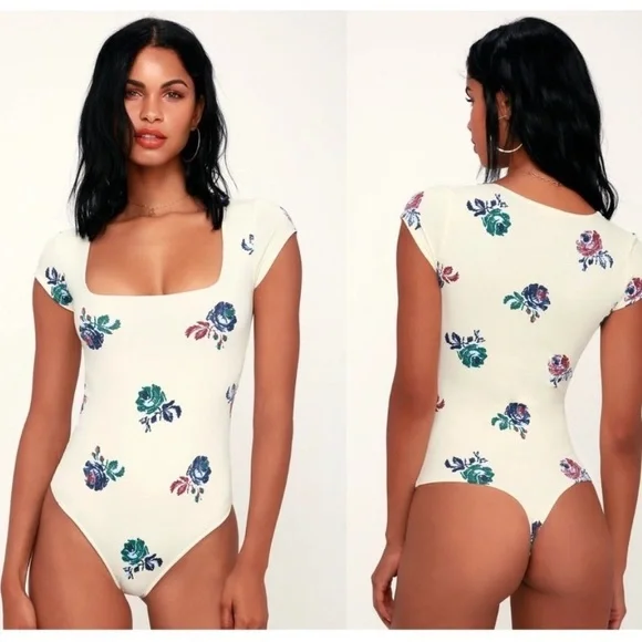 Free People fp Intimately Printed Square Eyes Ivory Floral Print Bodysuit - Picture 3 of 7